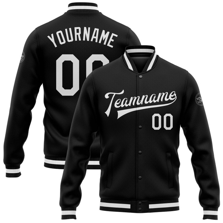 FUNSTUFFPRINT Custom Black White Bomber Full-Snap Varsity Letterman Jacket 3D Baseball Jacket