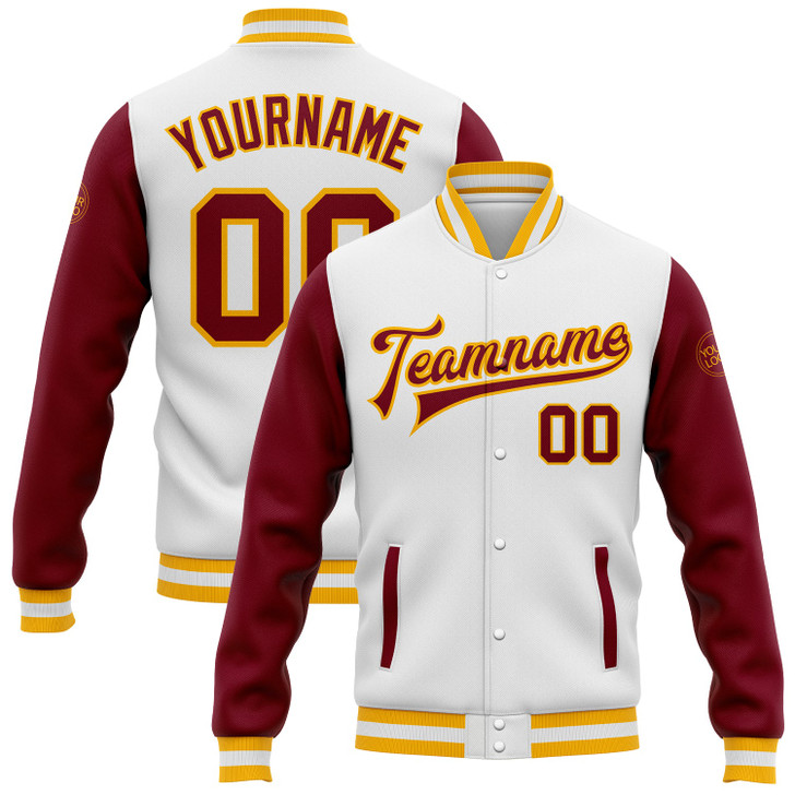 FUNSTUFFPRINT Custom White Crimson-Gold Bomber Full-Snap Varsity Letterman Two Tone Jacket 3D Baseball Jacket