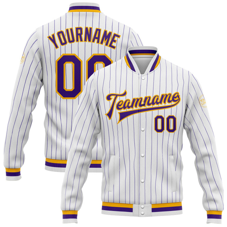 FUNSTUFFPRINT Custom White Purple Pinstripe Purple-Gold Bomber Full-Snap Varsity Letterman Jacket 3D Baseball Jacket