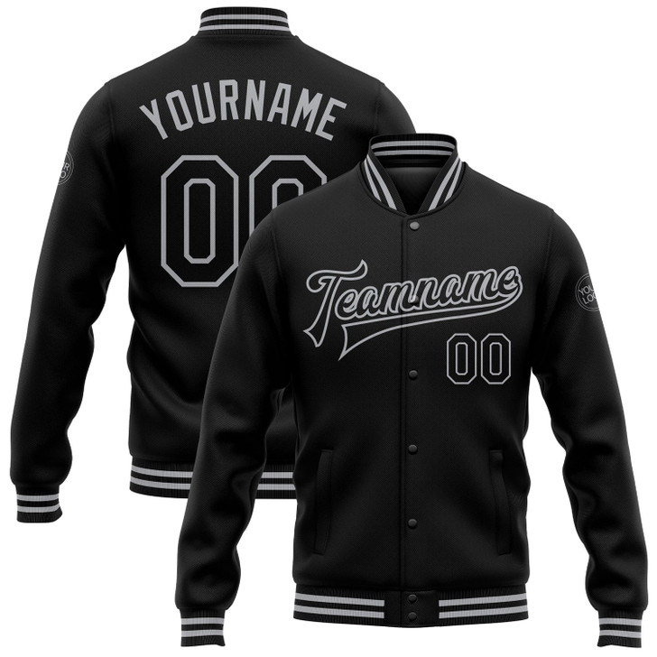 FUNSTUFFPRINT Custom Black Gray Bomber Full-Snap Varsity Letterman Jacket 3D Baseball Jacket