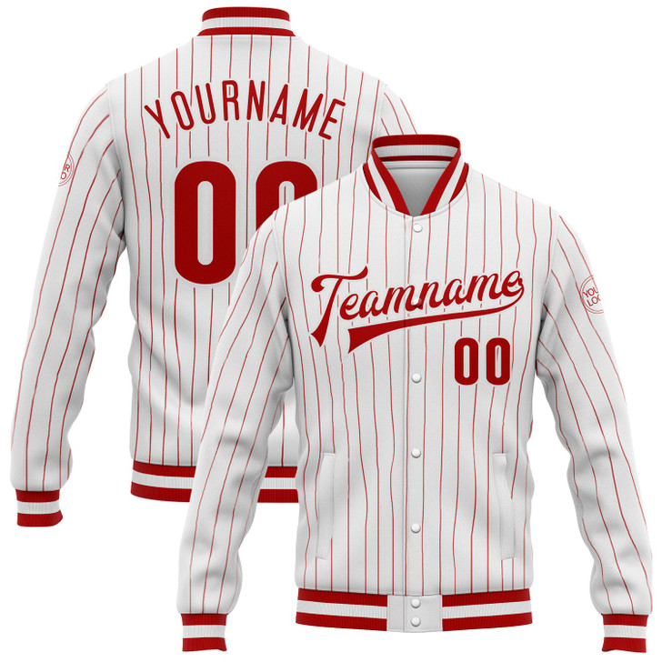 FUNSTUFFPRINT Custom White Red Pinstripe Red-White Bomber Full-Snap Varsity Letterman Jacket 3D Baseball Jacket