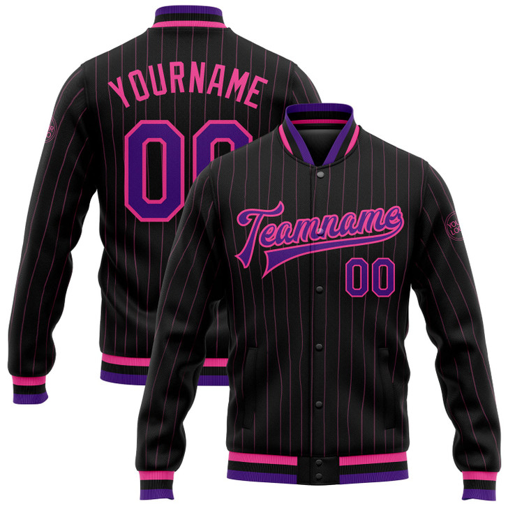 FUNSTUFFPRINT Custom Black Pink Pinstripe Purple Bomber Full-Snap Varsity Letterman Jacket 3D Baseball Jacket