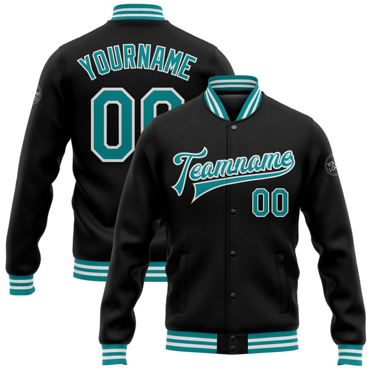 FUNSTUFFPRINT Custom Black Teal-White Bomber Full-Snap Varsity Letterman Jacket 3D Baseball Jacket