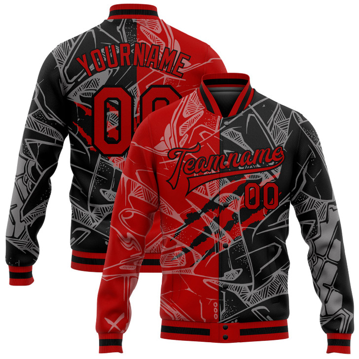FUNSTUFFPRINT Custom Graffiti Pattern Red-Black Scratch 3D Bomber Full-Snap Varsity Letterman Jacket 3D Baseball Jacket