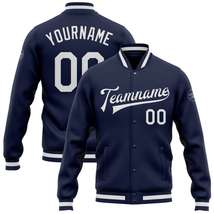 FUNSTUFFPRINT Custom Navy White Bomber Full-Snap Varsity Letterman Jacket 3D Baseball Jacket