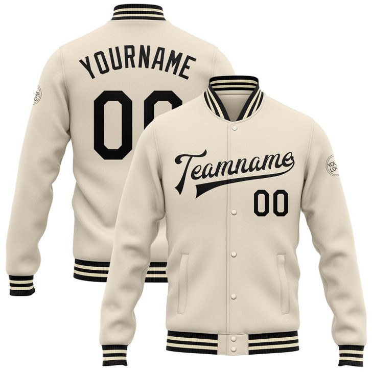 FUNSTUFFPRINT Custom Cream Black Bomber Full-Snap Varsity Letterman Jacket 3D Baseball Jacket