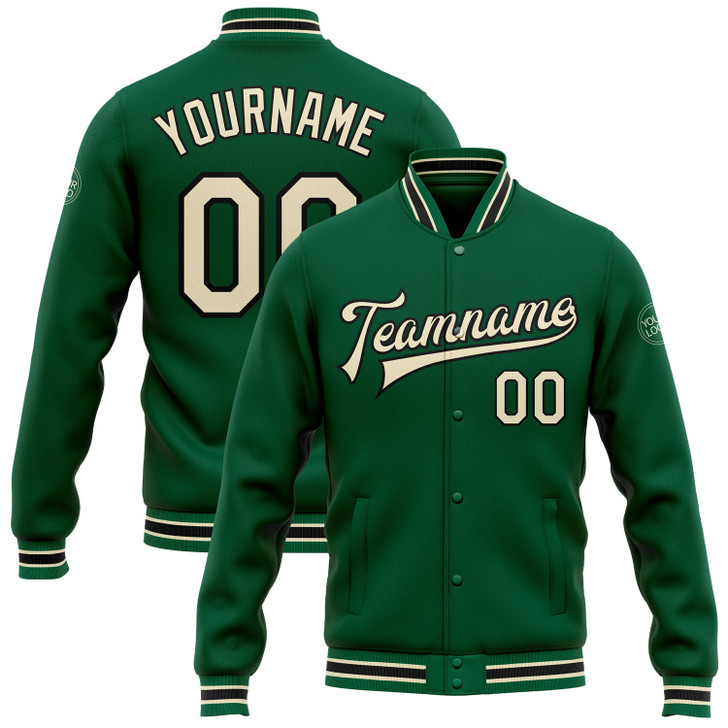 FUNSTUFFPRINT Custom Kelly Green Cream-Black Bomber Full-Snap Varsity Letterman Jacket 3D Baseball Jacket