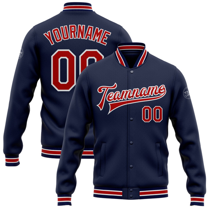 FUNSTUFFPRINT Custom Navy Red-White Bomber Full-Snap Varsity Letterman Jacket 3D Baseball Jacket