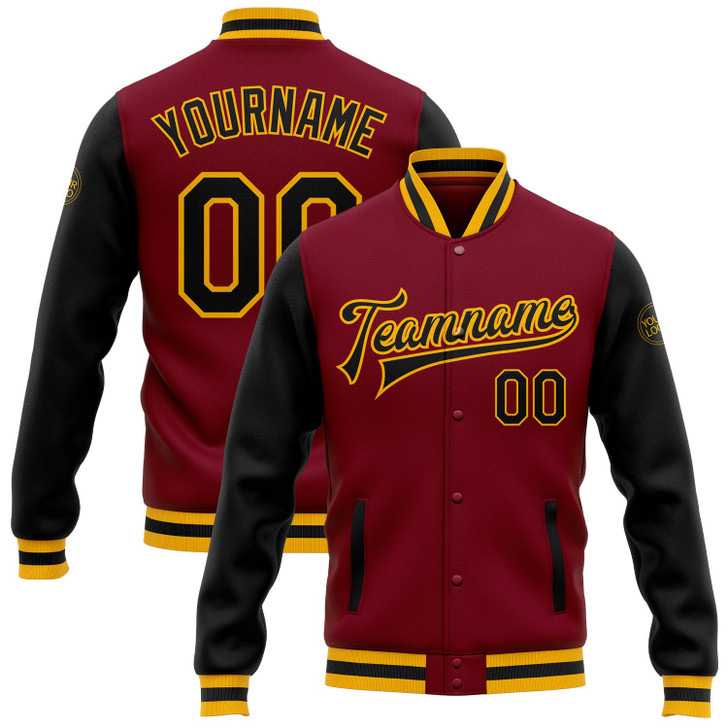 FUNSTUFFPRINT Custom Crimson Black-Gold Bomber Full-Snap Varsity Letterman Two Tone Jacket 3D Baseball Jacket