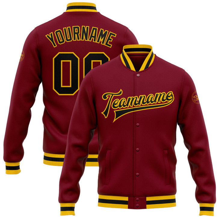 FUNSTUFFPRINT Custom Crimson Black-Gold Bomber Full-Snap Varsity Letterman Jacket 3D Baseball Jacket