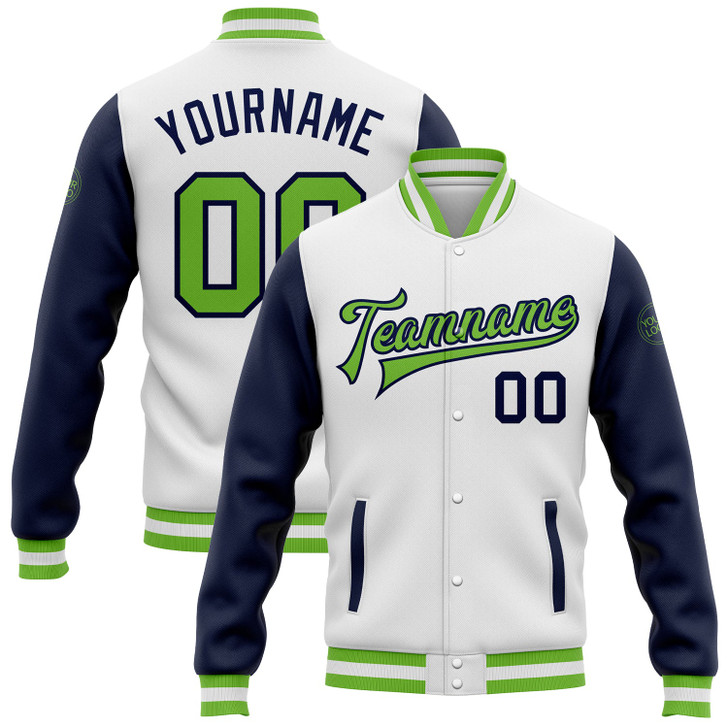 FUNSTUFFPRINT Custom White Neon Green-Navy Bomber Full-Snap Varsity Letterman Two Tone Jacket 3D Baseball Jacket