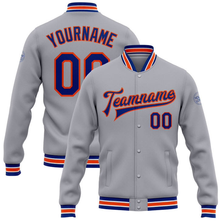 FUNSTUFFPRINT Custom Gray Royal-Orange Bomber Full-Snap Varsity Letterman Jacket 3D Baseball Jacket