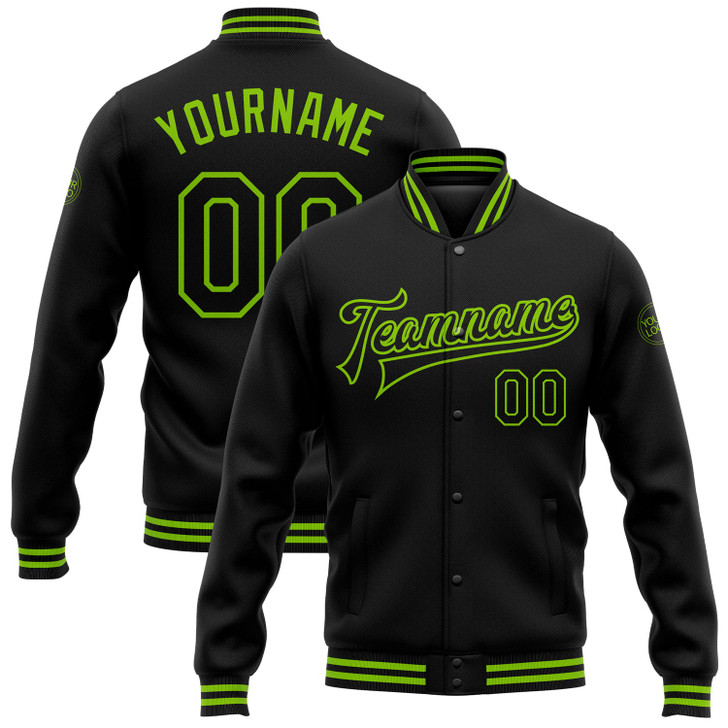 FUNSTUFFPRINT Custom Black Neon Green Bomber Full-Snap Varsity Letterman Jacket 3D Baseball Jacket