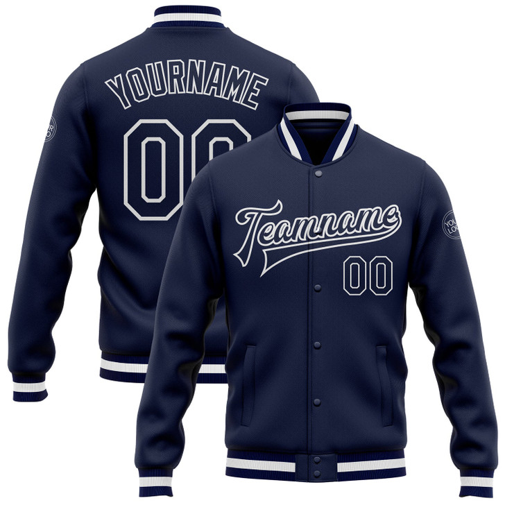 FUNSTUFFPRINT Custom Navy Navy-White Bomber Full-Snap Varsity Letterman Jacket 3D Baseball Jacket