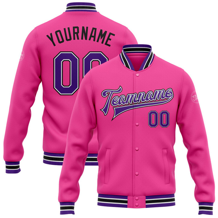 FUNSTUFFPRINT Custom Pink Purple-Black Bomber Full-Snap Varsity Letterman Jacket 3D Baseball Jacket