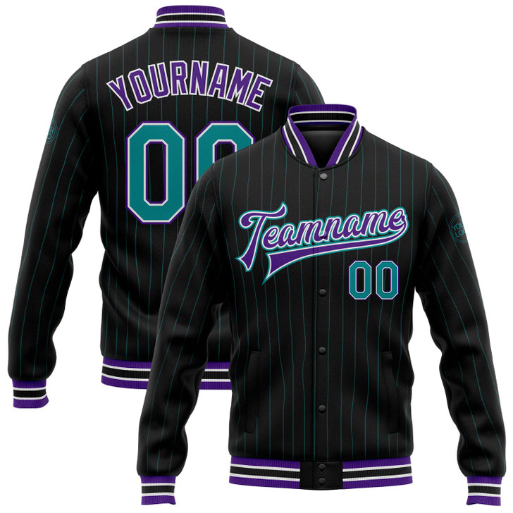 FUNSTUFFPRINT Custom Black Teal Pinstripe Purple Bomber Full-Snap Varsity Letterman Jacket 3D Baseball Jacket
