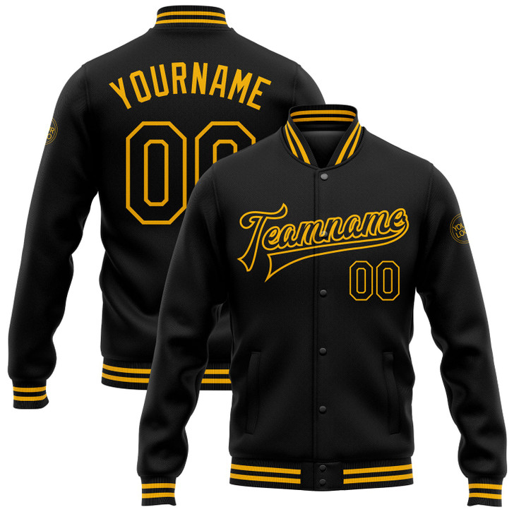 FUNSTUFFPRINT Custom Black Gold Bomber Full-Snap Varsity Letterman Jacket 3D Baseball Jacket