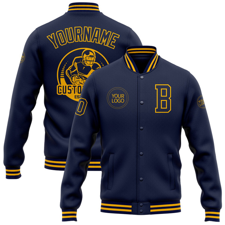 FUNSTUFFPRINT Custom Navy Gold Bomber Full-Snap Varsity Letterman Jacket 3D Baseball Jacket