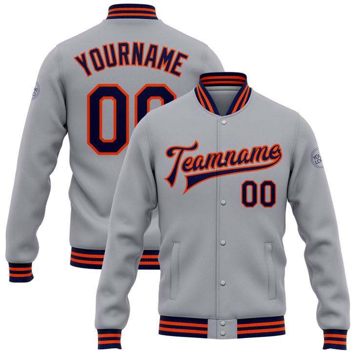 FUNSTUFFPRINT Custom Gray Navy-Orange Bomber Full-Snap Varsity Letterman Jacket 3D Baseball Jacket