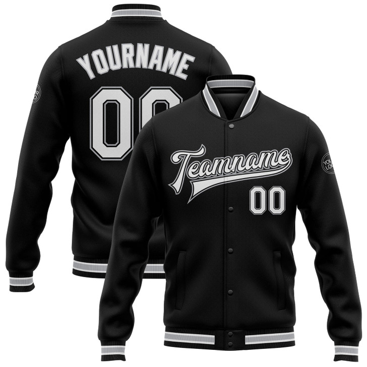 FUNSTUFFPRINT Custom Black White-Gray Bomber Full-Snap Varsity Letterman Jacket 3D Baseball Jacket