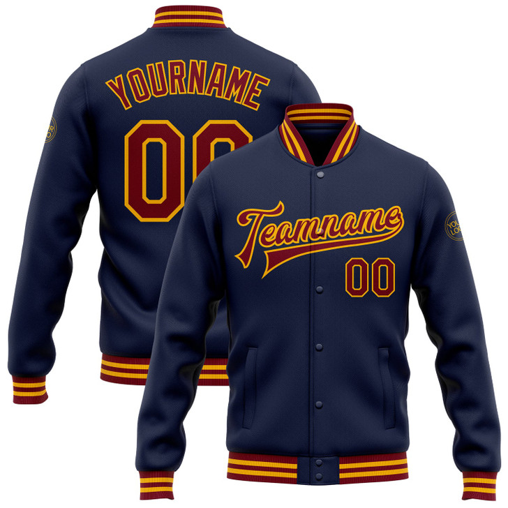 FUNSTUFFPRINT Custom Navy Crimson-Gold Bomber Full-Snap Varsity Letterman Jacket 3D Baseball Jacket