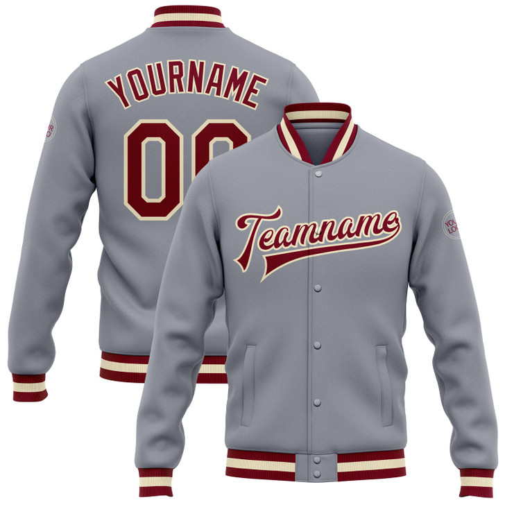 FUNSTUFFPRINT Custom Gray Maroon-Cream Bomber Full-Snap Varsity Letterman Jacket 3D Baseball Jacket