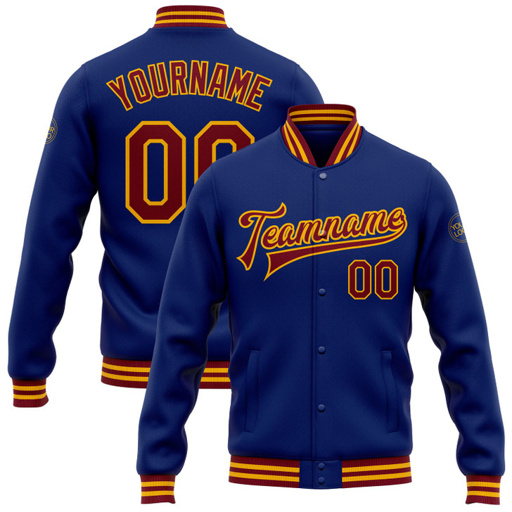 FUNSTUFFPRINT Custom Royal Crimson-Gold Bomber Full-Snap Varsity Letterman Jacket 3D Baseball Jacket