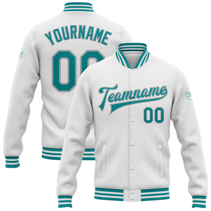 FUNSTUFFPRINT Custom White Teal-Gray Bomber Full-Snap Varsity Letterman Jacket 3D Baseball Jacket