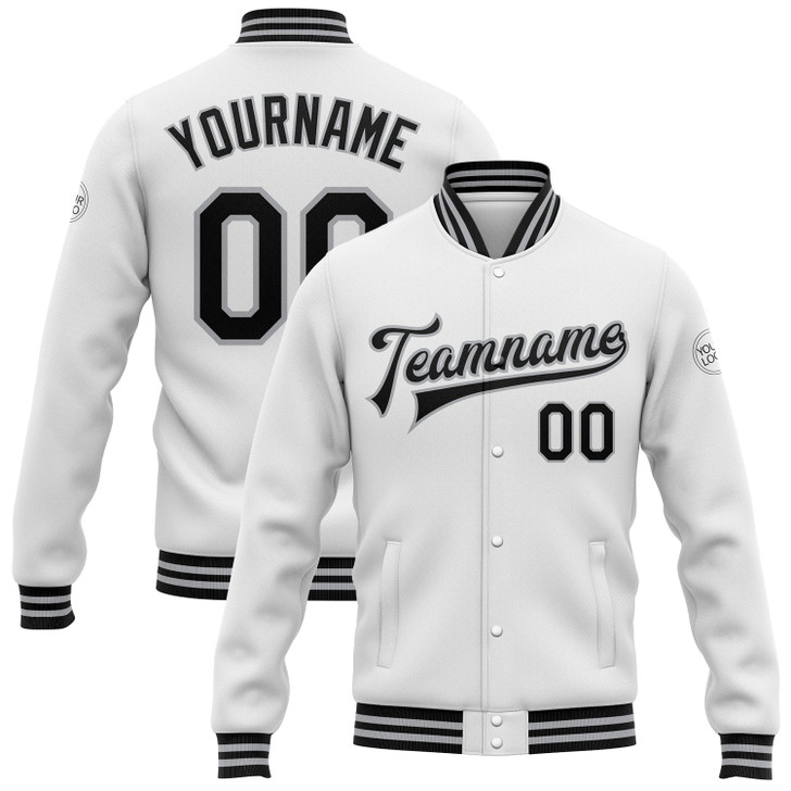 FUNSTUFFPRINT Custom White Black-Gray Bomber Full-Snap Varsity Letterman Jacket 3D Baseball Jacket