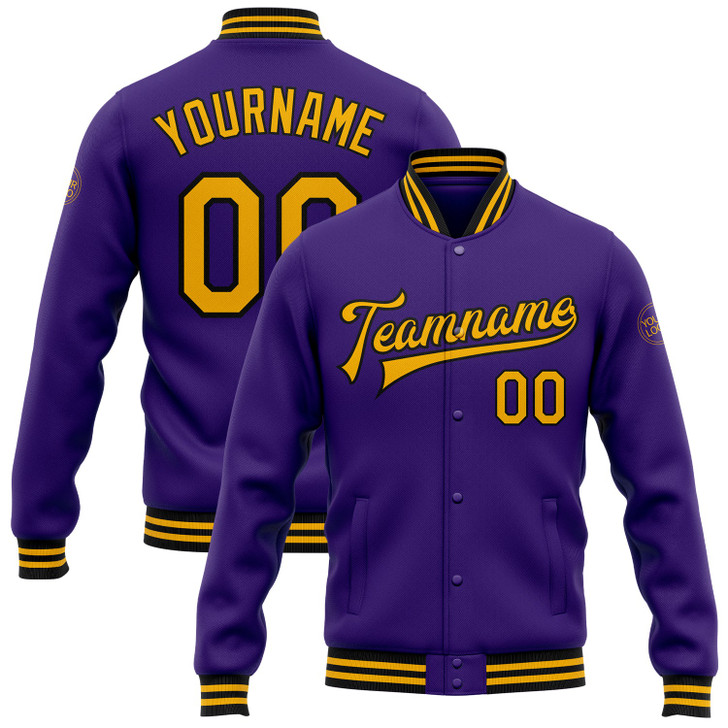 FUNSTUFFPRINT Custom Purple Gold=Black Bomber Full-Snap Varsity Letterman Jacket 3D Baseball Jacket