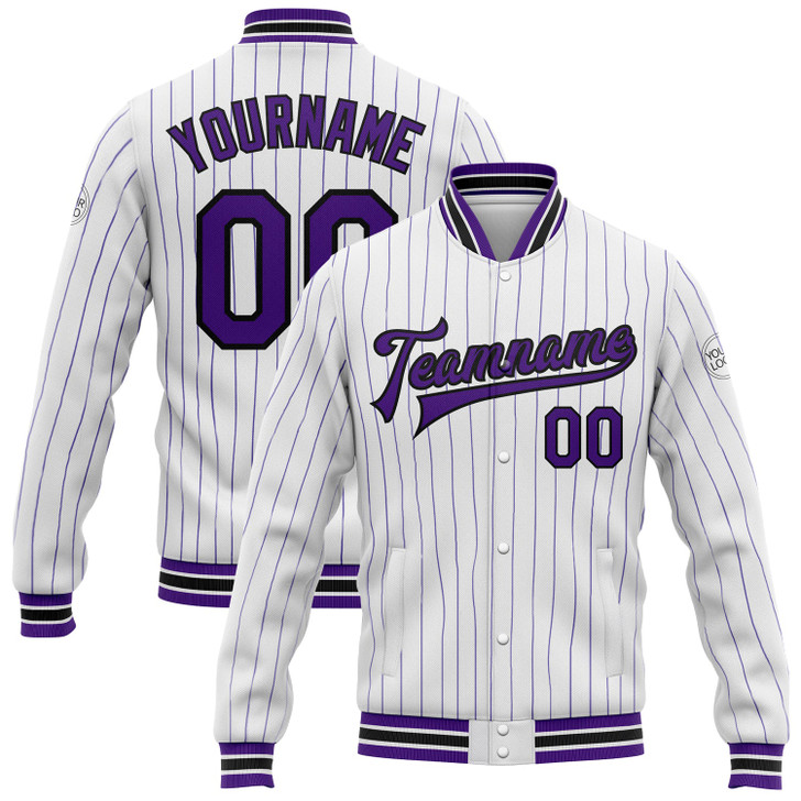 FUNSTUFFPRINT Custom White Purple Pinstripe Black Bomber Full-Snap Varsity Letterman Jacket 3D Baseball Jacket