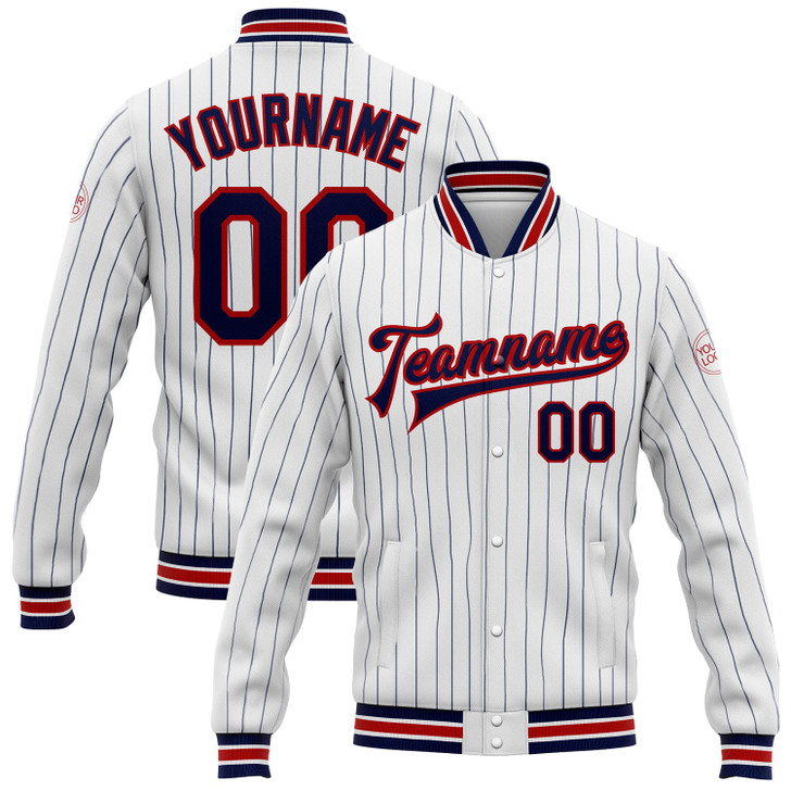 FUNSTUFFPRINT Custom White Navy Pinstripe Red Bomber Full-Snap Varsity Letterman Jacket 3D Baseball Jacket