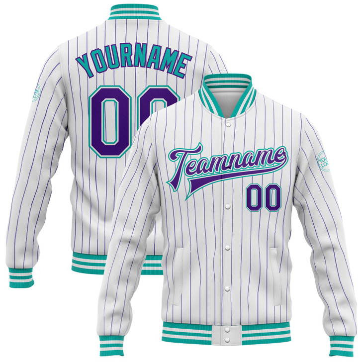 FUNSTUFFPRINT Custom White Purple Pinstripe Aqua Bomber Full-Snap Varsity Letterman Jacket 3D Baseball Jacket