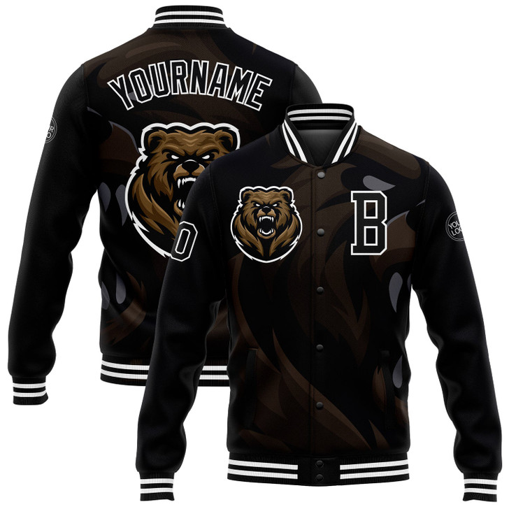 FUNSTUFFPRINT Custom Black White 3D Pattern Design Bomber Full-Snap Varsity Letterman Jacket 3D Baseball Jacket
