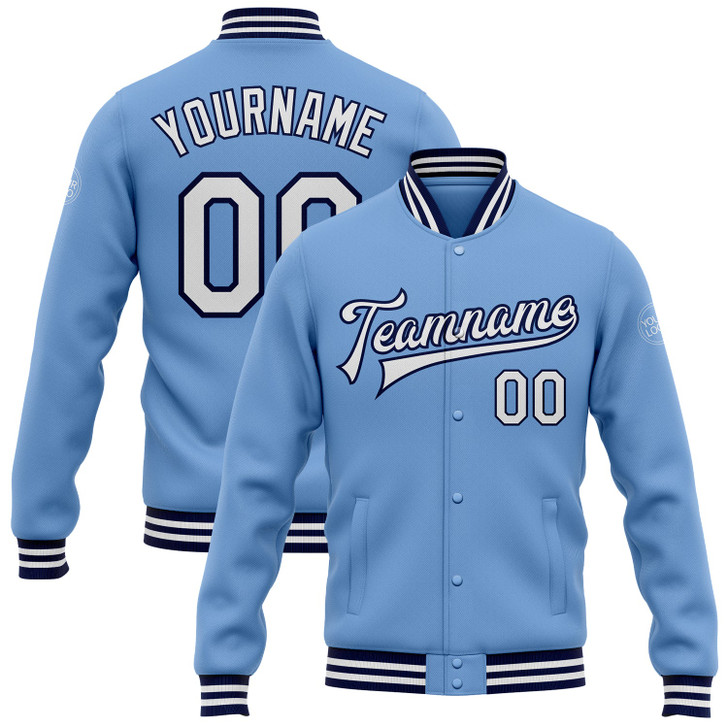 FUNSTUFFPRINT Custom Light Blue White-Navy Bomber Full-Snap Varsity Letterman Jacket 3D Baseball Jacket