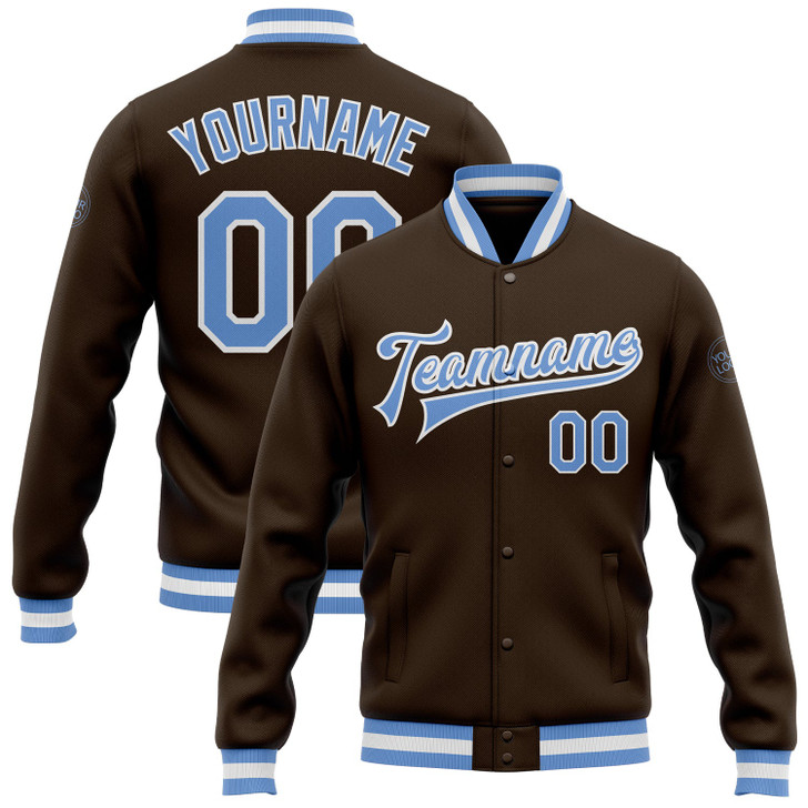 FUNSTUFFPRINT Custom Brown Light Blue-White Bomber Full-Snap Varsity Letterman Jacket 3D Baseball Jacket