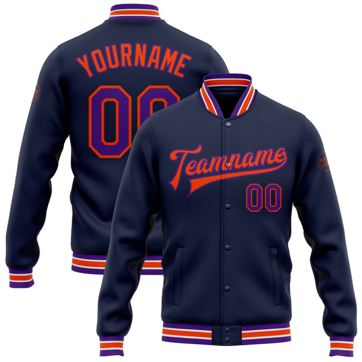 FUNSTUFFPRINT Custom Navy Purple-Orange Bomber Full-Snap Varsity Letterman Jacket 3D Baseball Jacket