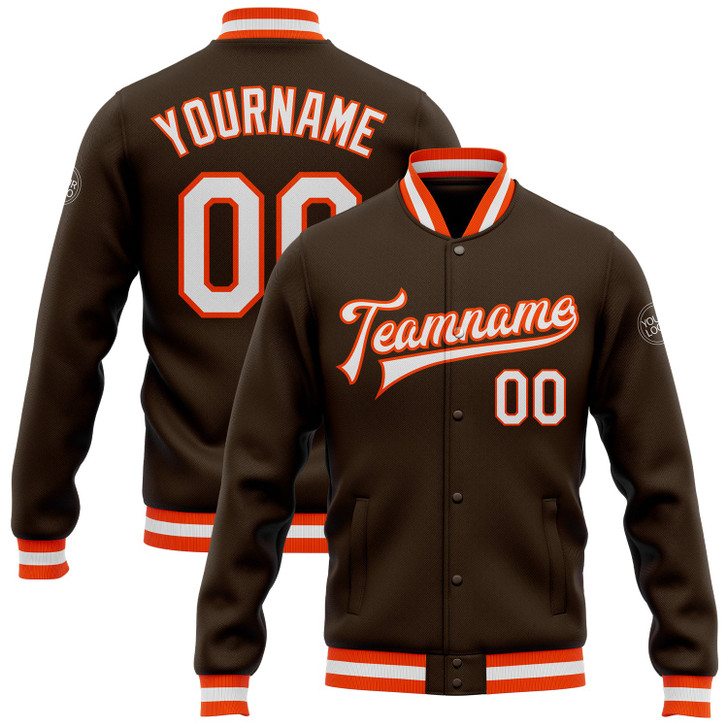 FUNSTUFFPRINT Custom Brown White-Orange Bomber Full-Snap Varsity Letterman Jacket 3D Baseball Jacket