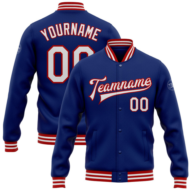 FUNSTUFFPRINT Custom Royal White-Red Bomber Full-Snap Varsity Letterman Jacket 3D Baseball Jacket