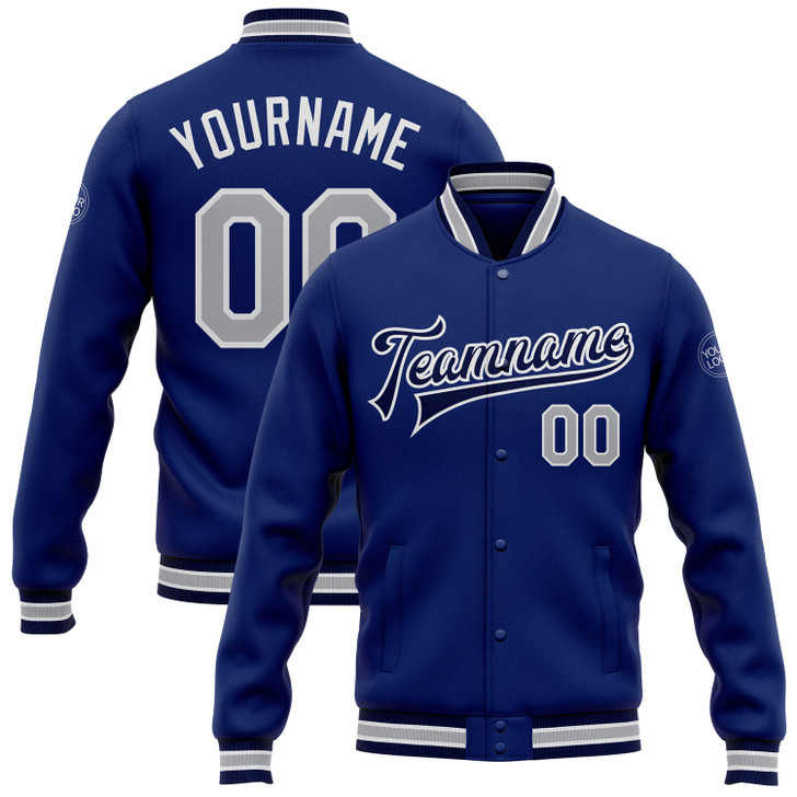 FUNSTUFFPRINT Custom Royal Gray-Navy Bomber Full-Snap Varsity Letterman Jacket 3D Baseball Jacket