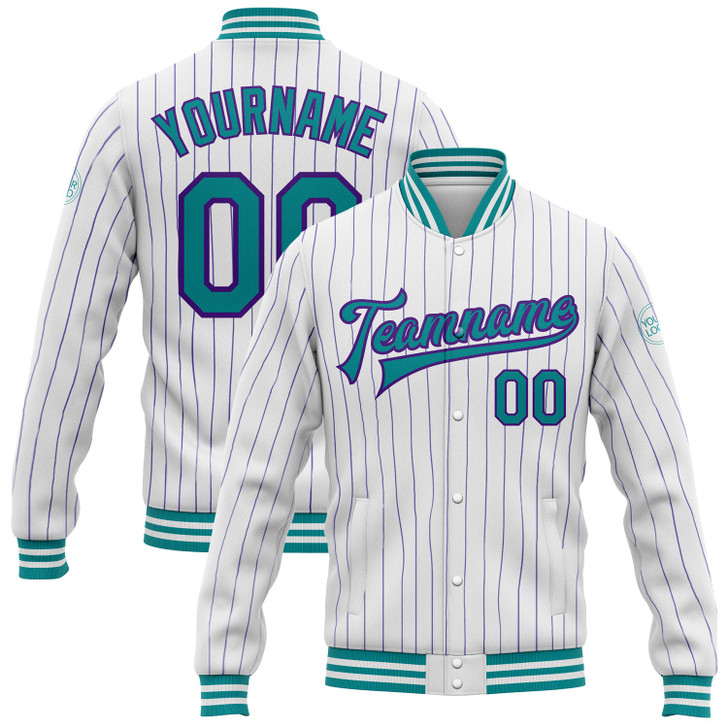 FUNSTUFFPRINT Custom White Purple Pinstripe Teal Bomber Full-Snap Varsity Letterman Jacket 3D Baseball Jacket
