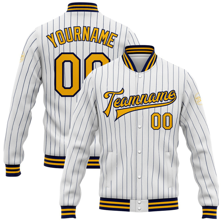 FUNSTUFFPRINT Custom White Navy Pinstripe Gold Bomber Full-Snap Varsity Letterman Jacket 3D Baseball Jacket
