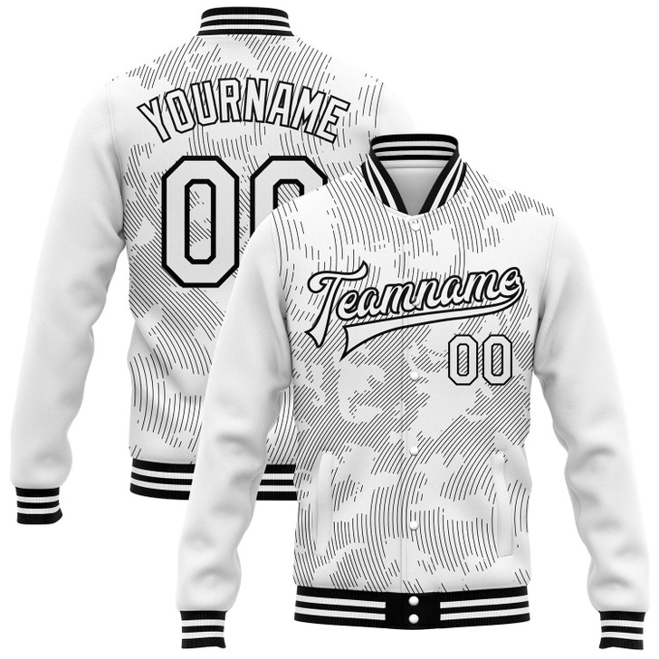FUNSTUFFPRINT Custom White Black 3D Pattern Design Bomber Full-Snap Varsity Letterman Jacket 3D Baseball Jacket