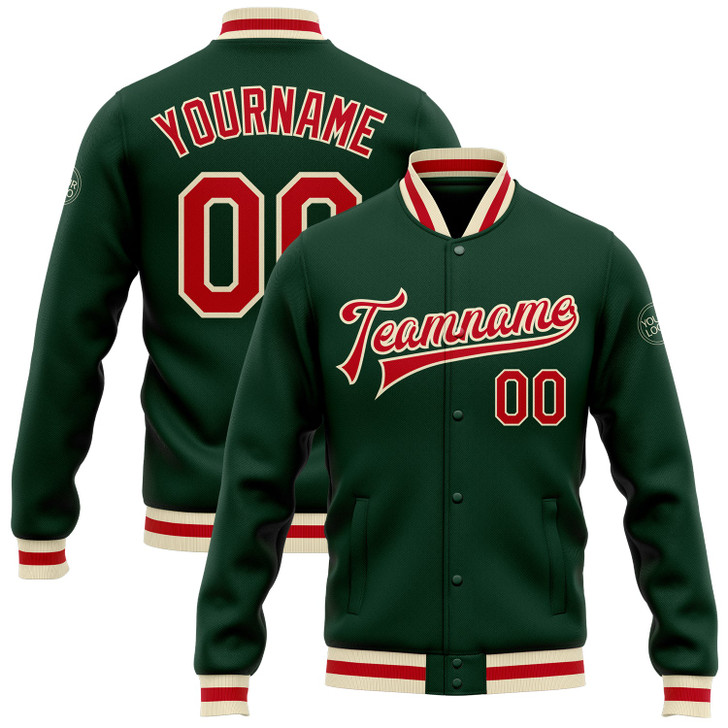 FUNSTUFFPRINT Custom Green Red-Cream Bomber Full-Snap Varsity Letterman Jacket 3D Baseball Jacket