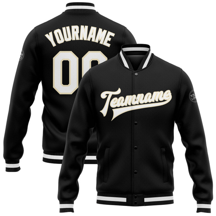 FUNSTUFFPRINT Custom Black White-Cream Bomber Full-Snap Varsity Letterman Jacket 3D Baseball Jacket