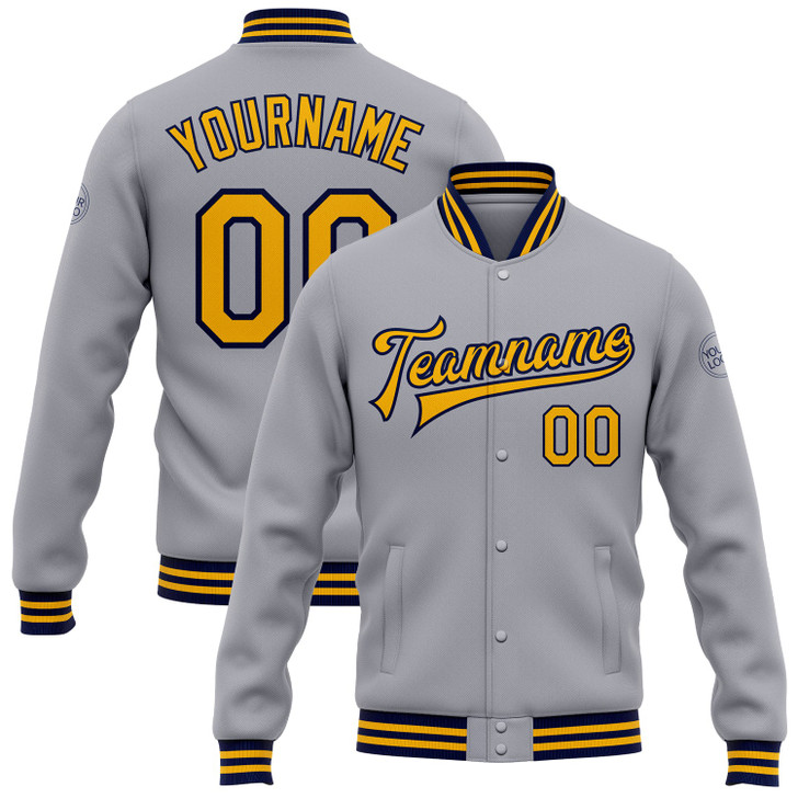 FUNSTUFFPRINT Custom Gray Gold-Navy Bomber Full-Snap Varsity Letterman Jacket 3D Baseball Jacket