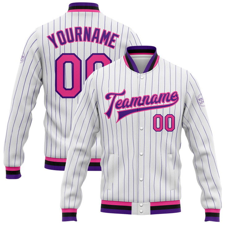 FUNSTUFFPRINT Custom White Purple Pinstripe Pink-Black Bomber Full-Snap Varsity Letterman Jacket 3D Baseball Jacket