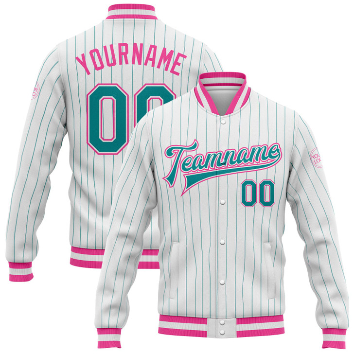 FUNSTUFFPRINT Custom White Teal Pinstripe Pink Bomber Full-Snap Varsity Letterman Jacket 3D Baseball Jacket