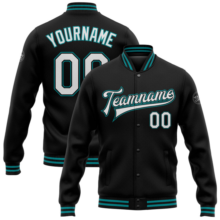 FUNSTUFFPRINT Custom Black White-Teal Bomber Full-Snap Varsity Letterman Jacket 3D Baseball Jacket
