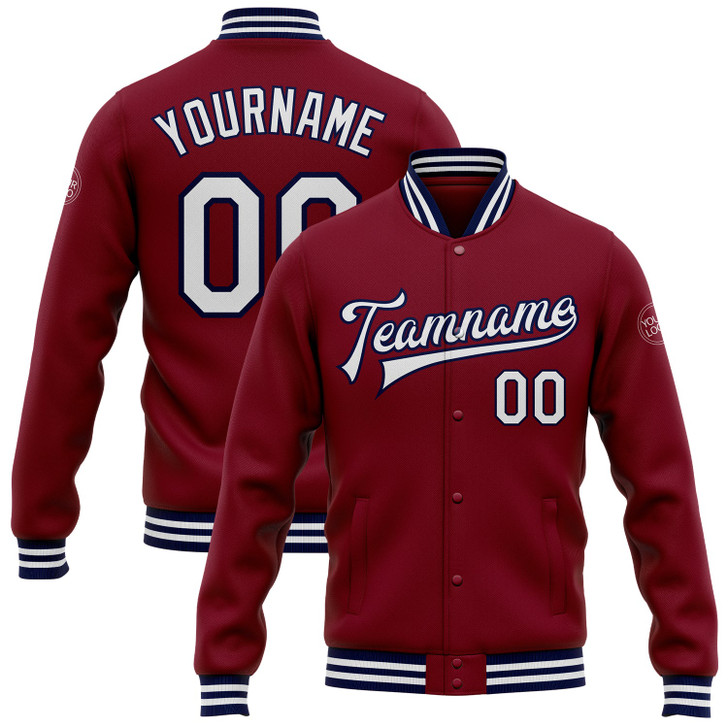 FUNSTUFFPRINT Custom Crimson White-Navy Bomber Full-Snap Varsity Letterman Jacket 3D Baseball Jacket